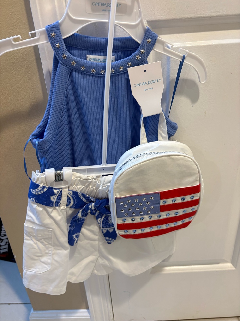Girl’s Cynthia Rowley Blue Ribbed Tank, Shorts, White Americana Crossbody Bag